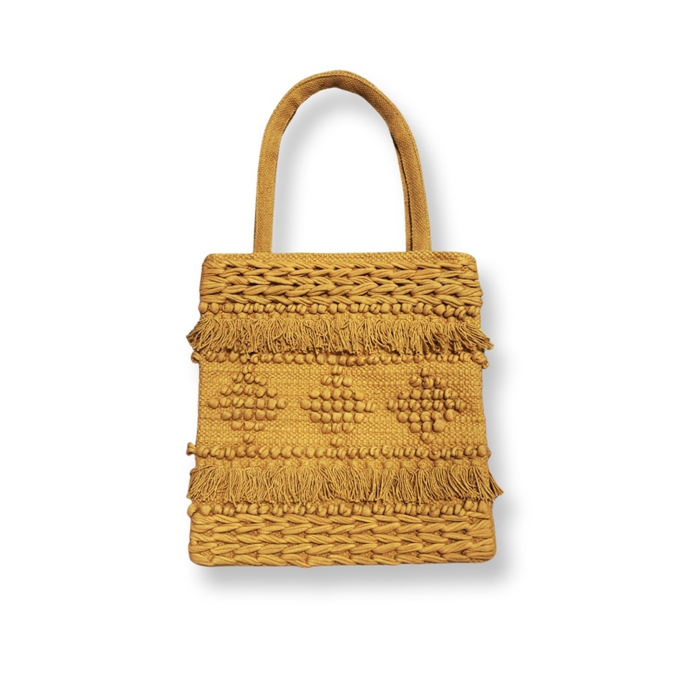 Cute Tufted & Tasseled Yellow Tote Bag
